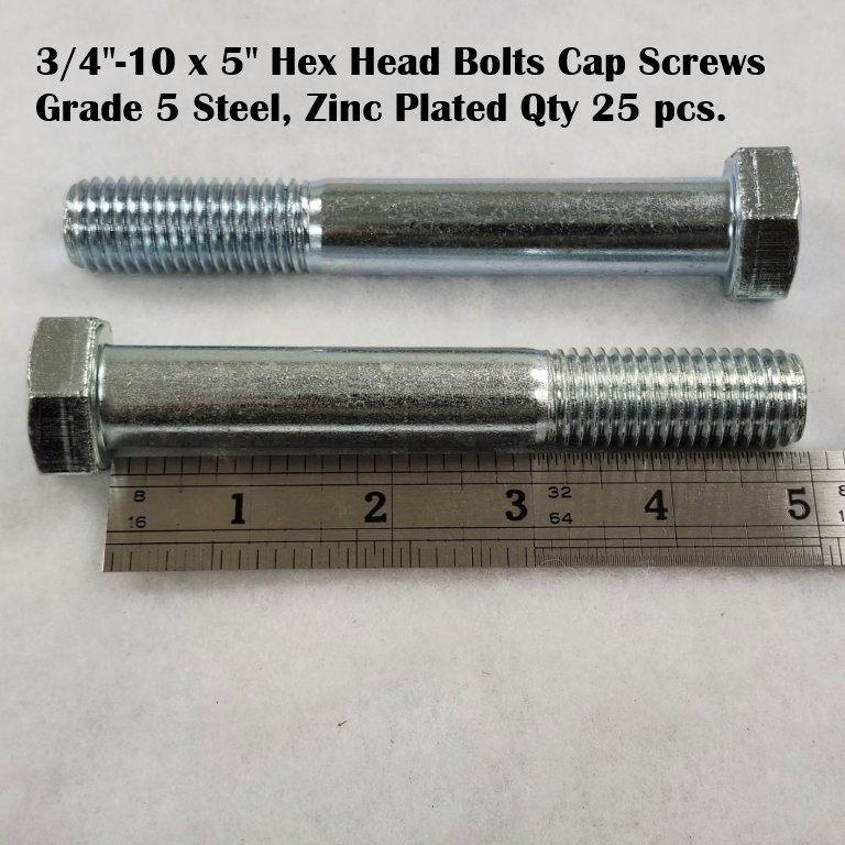(Qty 25) 3/4-10 x 5″ Hex Head Bolts Cap Screws Grade 5 Steel Zinc Plated (PT)