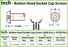 5/16-18 Stainless Steel Button Head Socket Cap Screws, SAE Coarse Thread A2 18-8