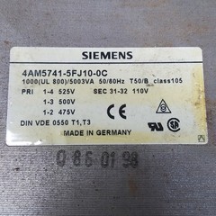 Siemens 4AM5741-5FJ10-0C Transformer, 1000(UL 800)/5003VA, 50/60Hz, T50/B, 110V