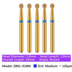 Vakker 5pc Dental Zirconica Diamond Burs w/ Metal Holder Z801 Z801L Round Shape
