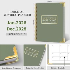 2026-2028 3 Year Monthly Planner 36 Months Spiral Bound 8.5×11 Green Notes