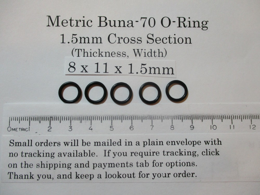 8mm ID X 11mm OD x 1.5mm thick O-ring. Buna-70. Quan 5.