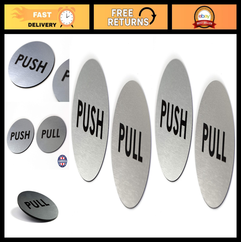 Brushed Silver Push Pull Door Signs – Set of 2, 2″ Round, Laser Engraved Acrylic