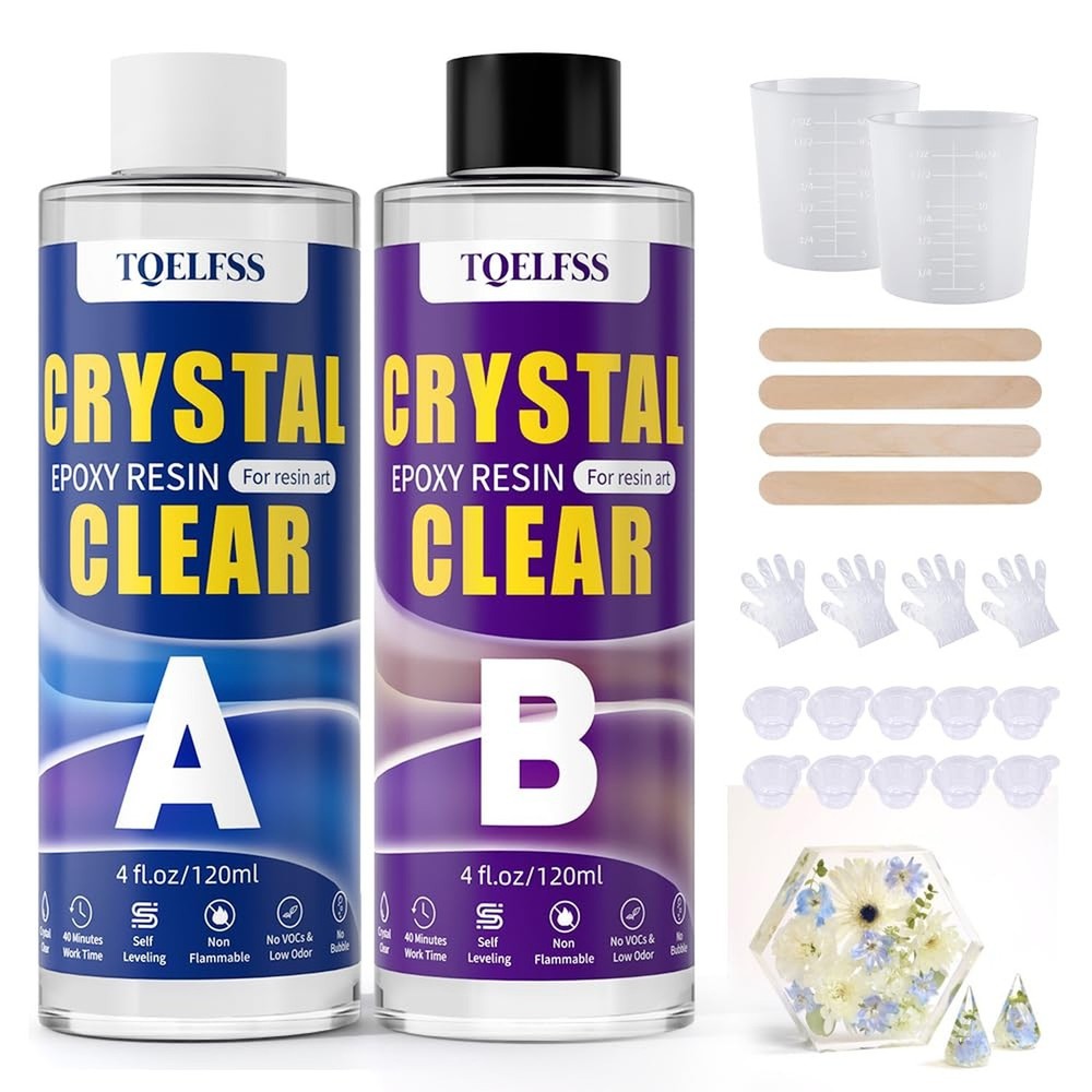 TQELFSS Epoxy Resin Kit 8 OZ, Clear Epoxy Resin (4 OZ×2), Fast Curing, Self