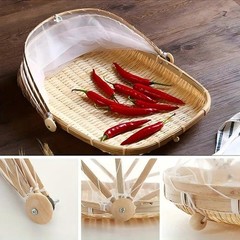 Hand Woven Bamboo Serving Basket with Removable Gauze Food Cover Lightweight