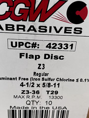 CGW ABRASIVES Flap Disc: 4-1/2" Dia, 36 Grit, Zirconia Alumina, Type 29 QTY