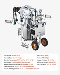 Electric Cow Milking Machine 6.6 Gal 25L Stainless Steel Vacuum Milker w/ Wheels