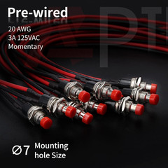 10PCS 7mm Momentary Push Button Switch SPST 2 Pin NO 1A 250V Red Wire Leads