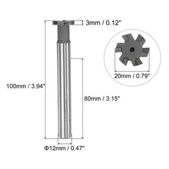 3mm Depth 20mm Cutting Dia 12mm Shank T-Slot Milling Cutter Carbide Tip 6 Flutes