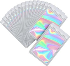 100 Pack White Holographic Ziplock Bags Resealable Sealable Mylar Packaging Bag