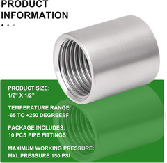 10PCS 304 Stainless Steel Cast Pipe Fitting, Coupling, 1/2″ X 1/2″ NPT Female Th