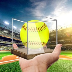 Clear Acrylic Softball Display Case with Wood Base, Memorabilia Stand Cube Ho…