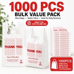 1000 Count White Thank You T-Shirt Bags, 11 x 6 x 21 in
