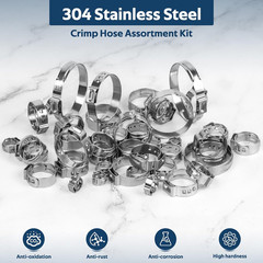 82 Pcs Single Ear Hose Clamps, 11 Sizes 5.8-38.1Mm 304 Stainless Steel Ear Crimp
