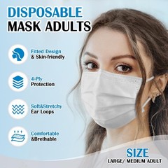 Disposable Face Mask Adults White – 100 Pack 1 Count(Pack of 100）,