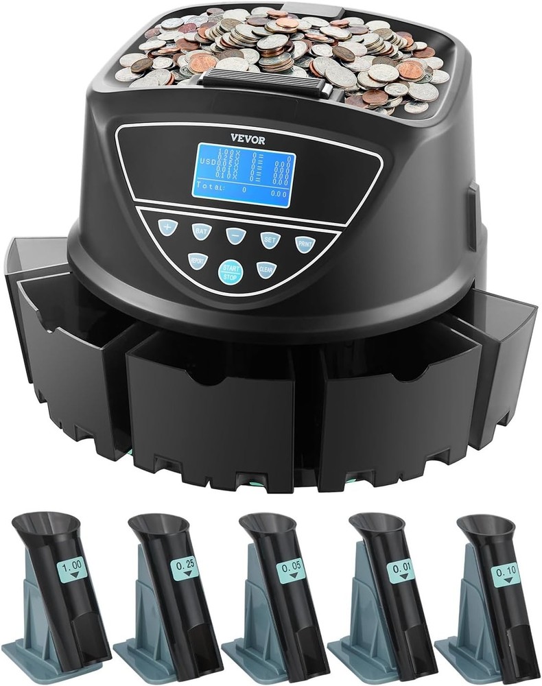 VEVOR USD Coin Sorter Counter Wrapper Roller 300 Coins/min 5 Tubes LCD Display