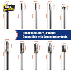 10Pcs Die Grinder Bits W/ 1/4″ Shank, Tungsten Carbide Burr Set for Metal Steel