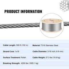 VEVOR T316 500Ft Stainless Steel Cable 3/16″ Cable Railing Wire Rope Cable 1×19
