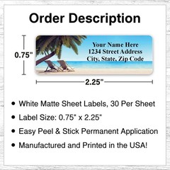 60 Return Address Labels Personalized Printed 3/4 x 2 1/4 Beach Scene