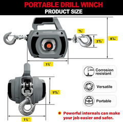 Portable Drill Winch 1000LBS, Drill Powered Winch with Alloy Steel Wire Rope 40F