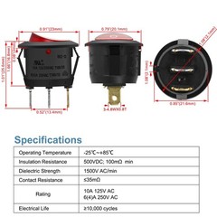5 Pack Round Rocker Switch ON-Off SPST 3 Terminals Red Light 10A 250VAC