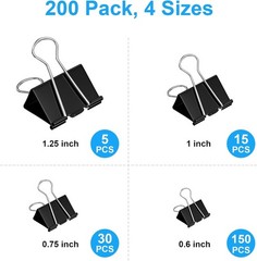 200 Count Binder Clips Assorted Sizes, 4 Sizes Large, Medium, Small, Mini, Metal