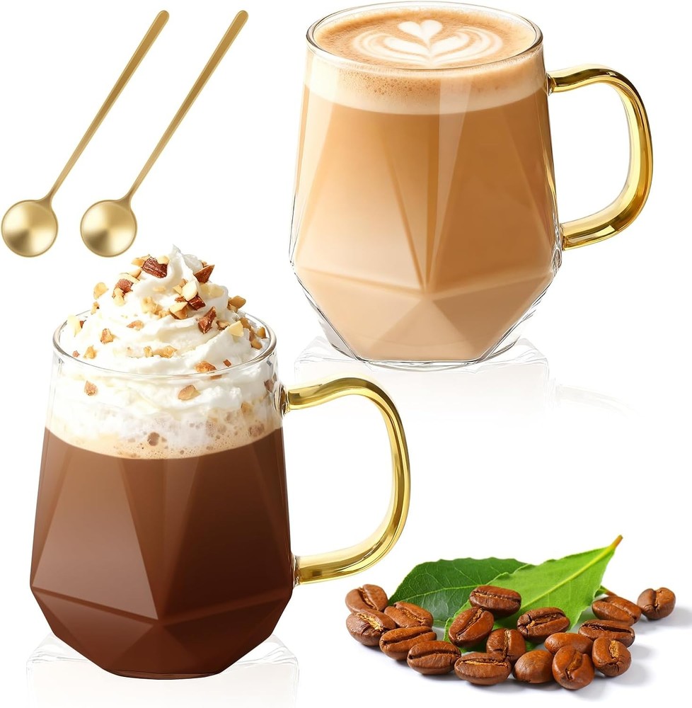 LOOFORE 2-Pack 12oz Glass Coffee Mugs w/Handle & Spoon, Hot/Cold