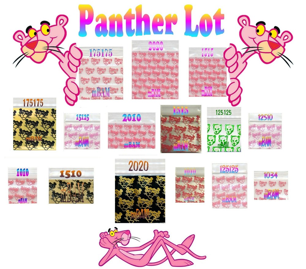 100 2.5 & 3.0 MIL PINK PANTHER LOT Apple Zip Baggies POLYBAGS Silver Gold
