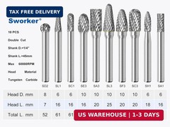 Sworker 10Pcs Carbide Burr Set 1/4 Shank w/Clear Box Max Head Dia 10mm Die Grind