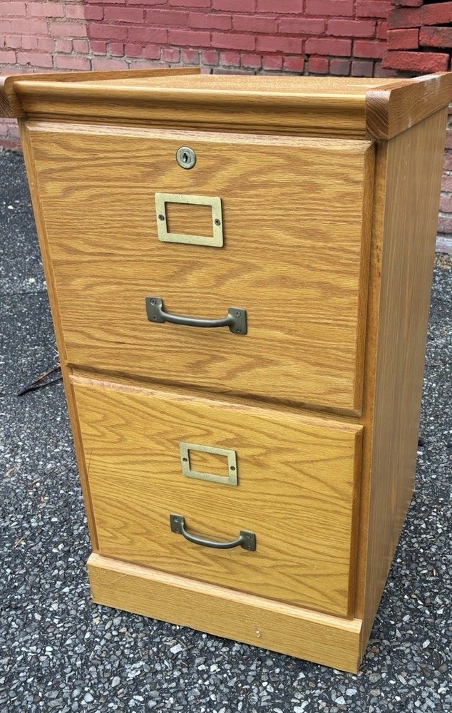 Vintage Industrial Mission Style Oak Wood Filing File Cabinet 2 Drawer / No Key
