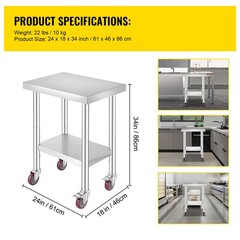 Rolling Stainless Steel Top Kitchen Work Table Cart + Casters Shelving 18″x24″