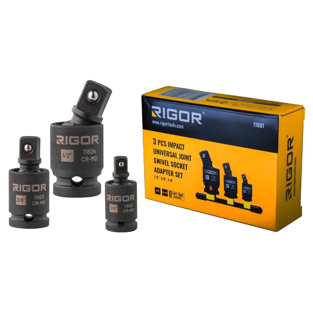 Rigor 11601 3Pc Universal Joint Socket Adapter Set 1/4 3/8 1/2 Chrome