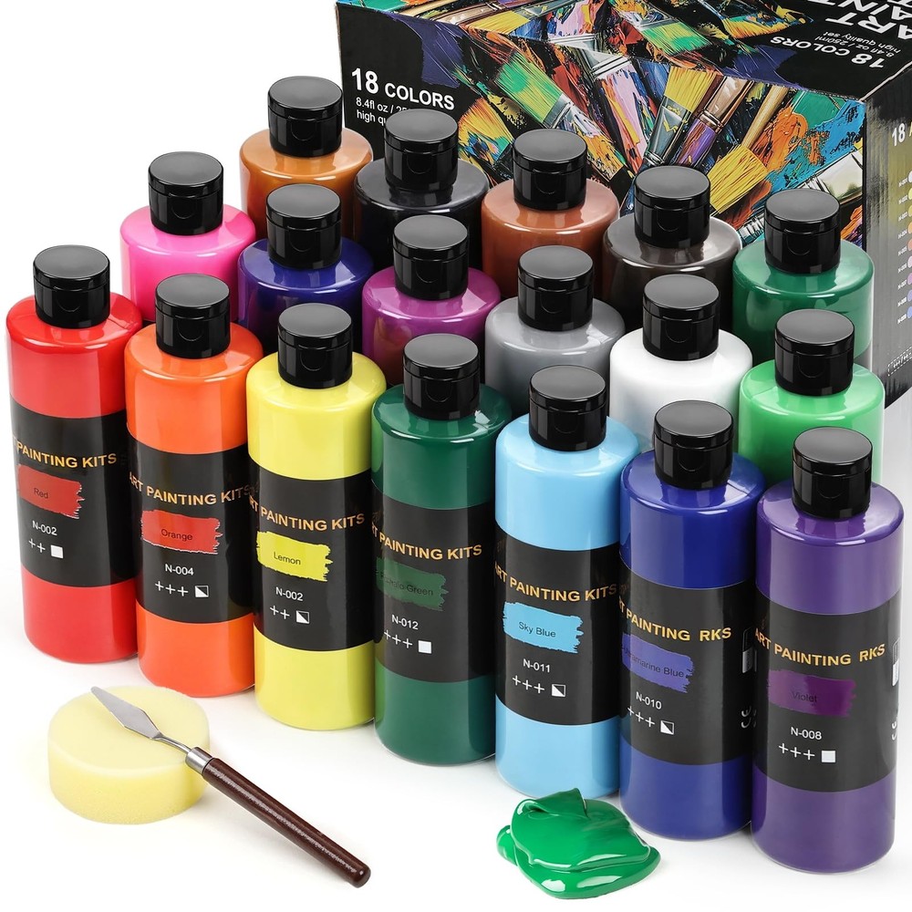 18 Colors Acrylic Paint Set (250 ml/8.45 oz Large Bottles), Non-Toxic for Kid…