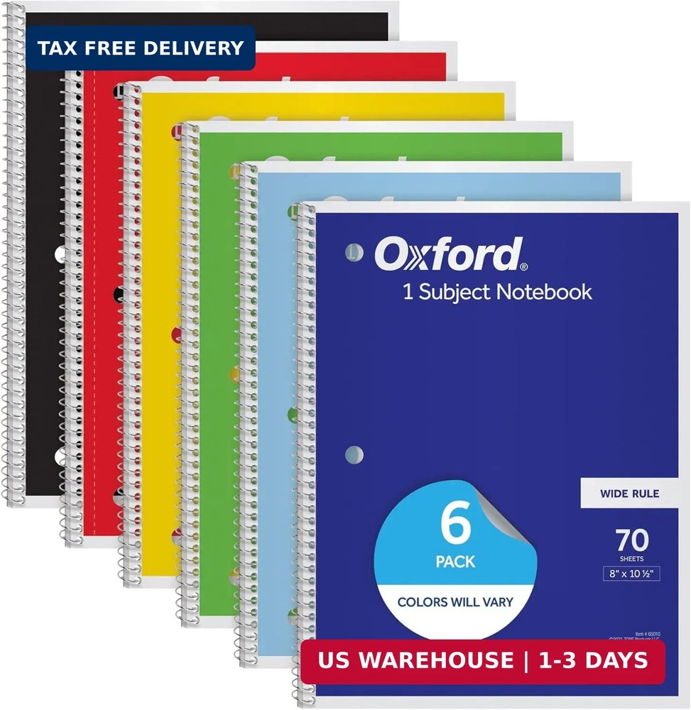 Oxford Spiral Notebooks, 6 Pack, 1 Subject, Wide Ruled Notebooks for School, 8 x