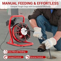 75FT x 1/2 Inch Drain Cleaner Machine Manual Feed with Cutters & Foot Switch Red