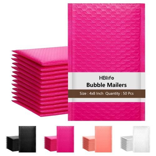 HBlife 50Pcs Bubble Mailers, 4×8 Inches Self Seal Hot Pink Poly Mailers, Padded