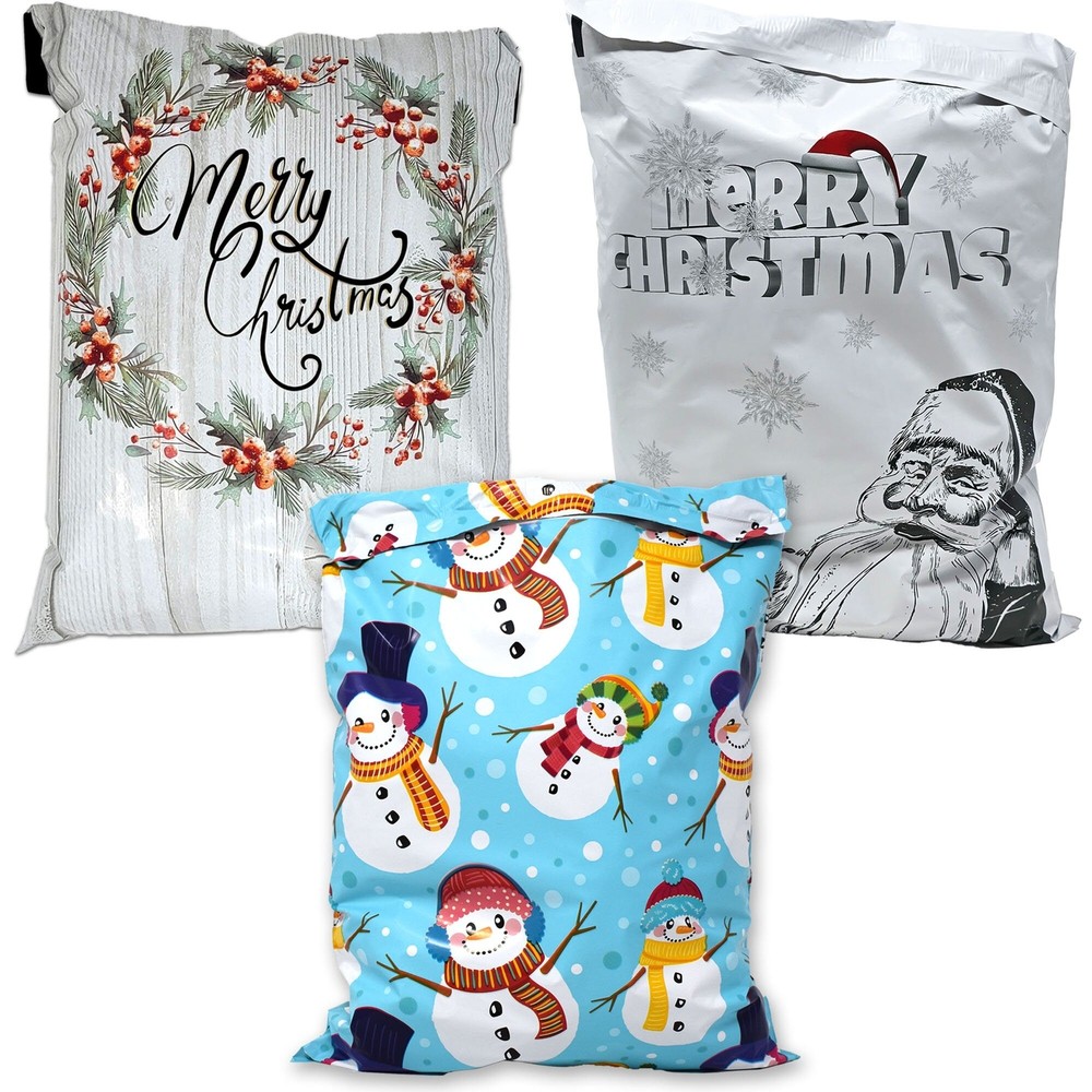 10×13 Merry Christmas Combo! Santa, Snowmen and Wreath Poly Mailers, Festive Gra