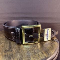 Boston Leather Belt Size 30″ High Gloss Black Garrison Gold Buckle Made in USA