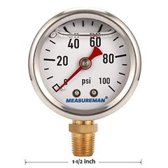 1.5″ Dial Size, Liquid Filled Fuel Pressure Gauge, 0-100Psi, +/-3-2-3%, 1/8″NPT