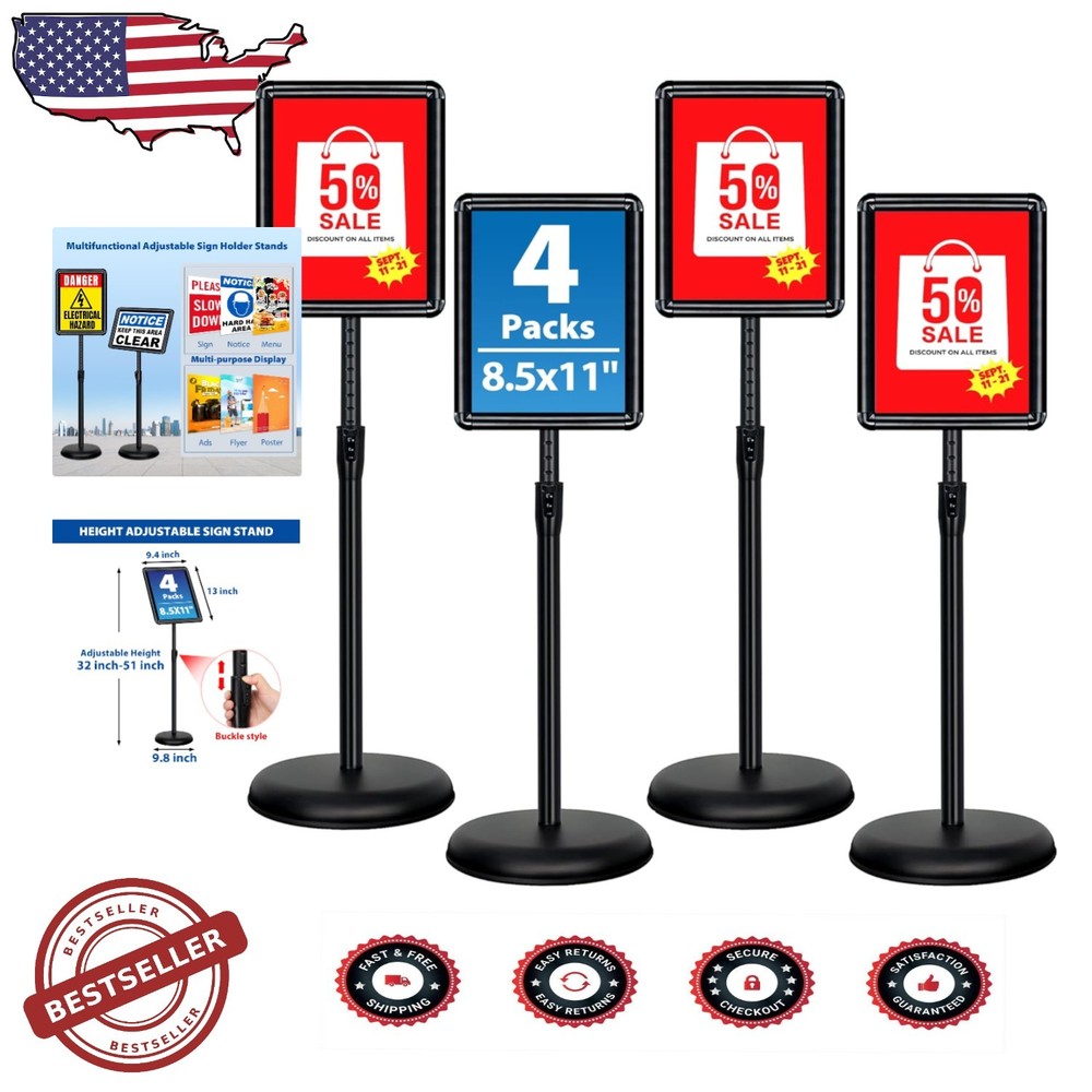 8.5×11 Floor Standing Sign Holder, 4 Pack, Stable Black Base