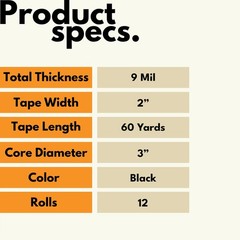 12 Rolls 2″ x 60 Yards, 9 Mil Black Utility Grade Duct Tape, Adhesive Tapes