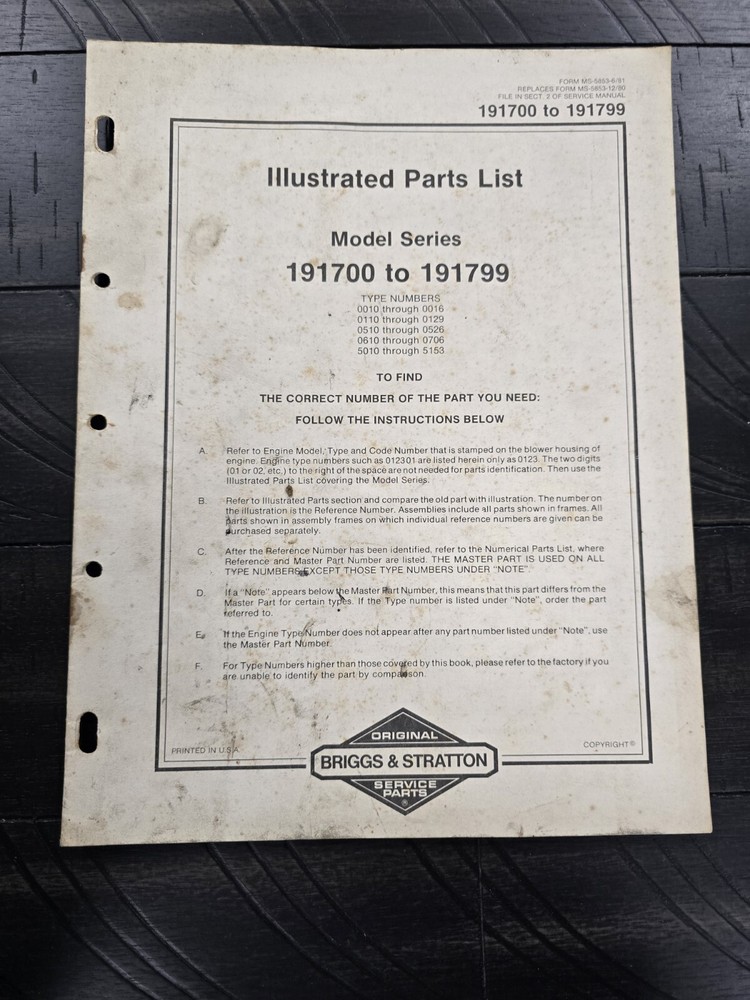 Briggs & Stratton Illustrated Engine Parts List Models 191700 To 191799
