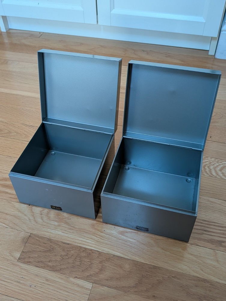 Lot of 2 Vtg Weis Index Card File Holder Steel Metal Box 6.5” x 6” X 4.5” Gray