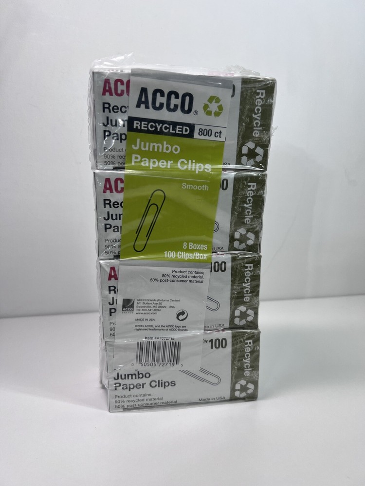 Lot of 800 Acco Recycled Jumbo Paper Clips Smooth Silver Finish 72715 100/Box