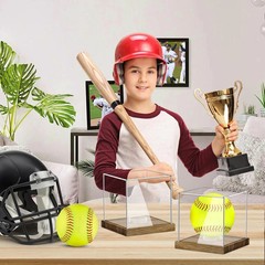 Clear Acrylic Softball Display Case with Wood Base, Memorabilia Stand Cube Ho…