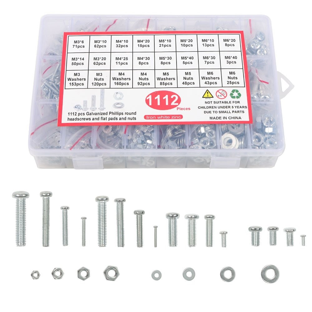 Bolts And Nuts Sets With 1112 Pcs M3/M4/M5/M6 Assortment Kit Screws