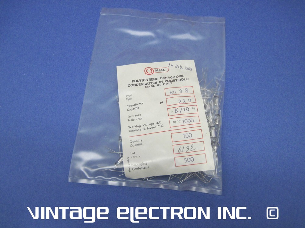 (100) MIAL Axial Lead Polystyrene Capacitors: 220pF 10% 1000V (Italy) FREE SHIP