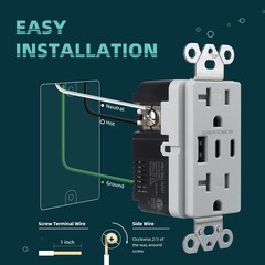 TOPELER USB Outlets Receptacles, 30W 6.0A 3-Ports Wall Outlet, 20A, Grey
