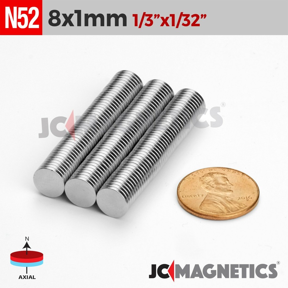 8mm x 1mm 5/16″x1/32 N52 Super Strong Disc Rare Earth Neodymium Magnets 8x1mm