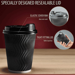 Insulated Disposable Coffee Cups with Lids & Straws 12 oz 100 Packs Black Cups